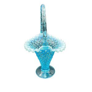 Fenton Blue Opalescent Hobnail 13 1/2" Basket Crimped Glass Bamboo Handle